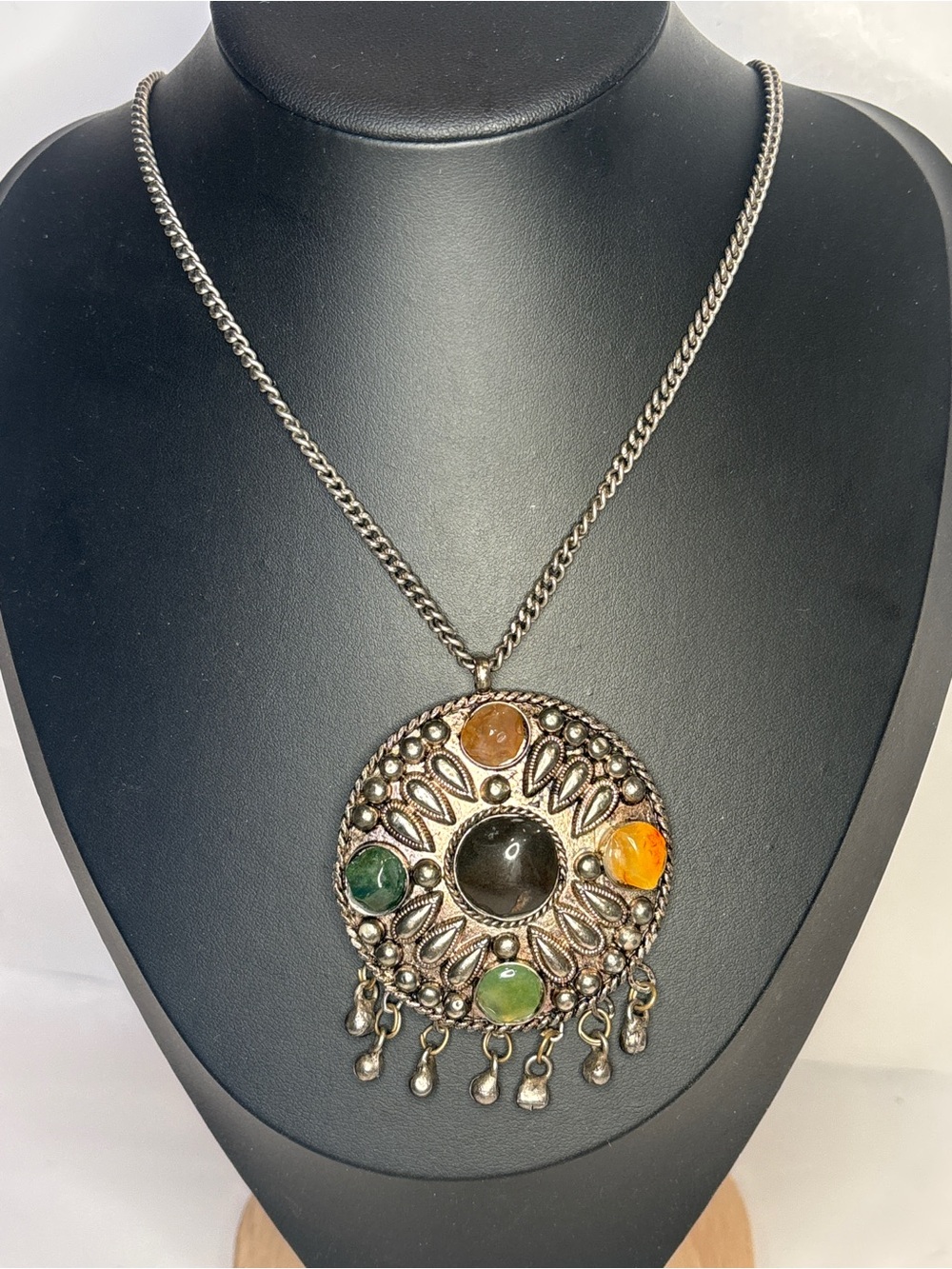 Vintage Boho Silver Tone Faux Multi Stone Cabochon Fringe Medallion Necklace 34”